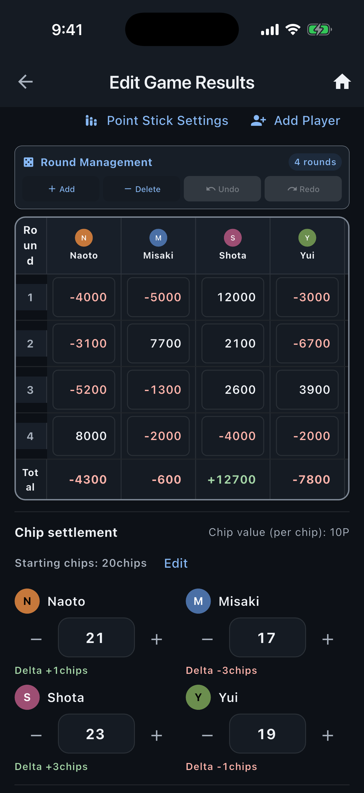 Layar input hasil dengan penghitungan poin dan chip
