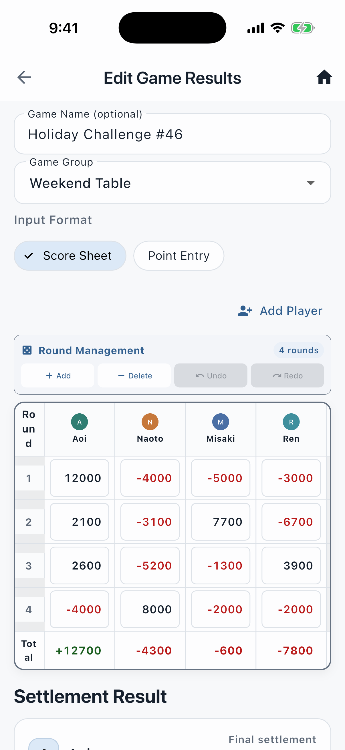 Layar input hasil permainan berbentuk tabel