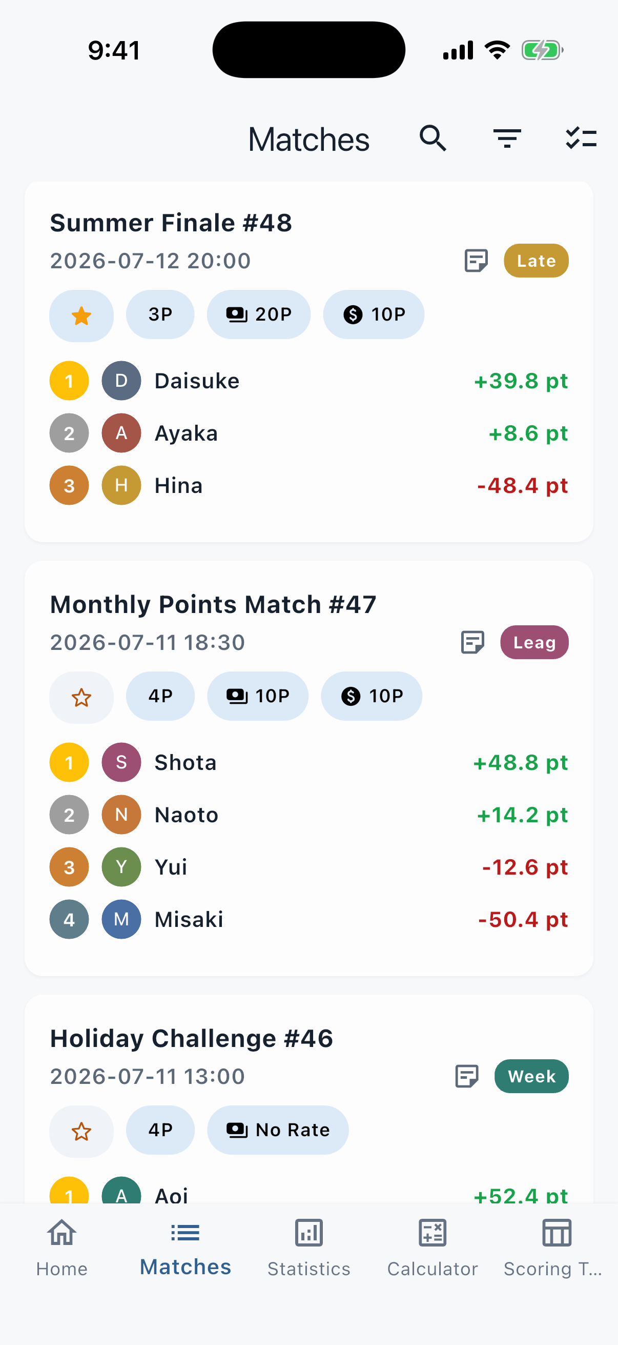 Riwayat pertandingan dengan pencarian dan filter
