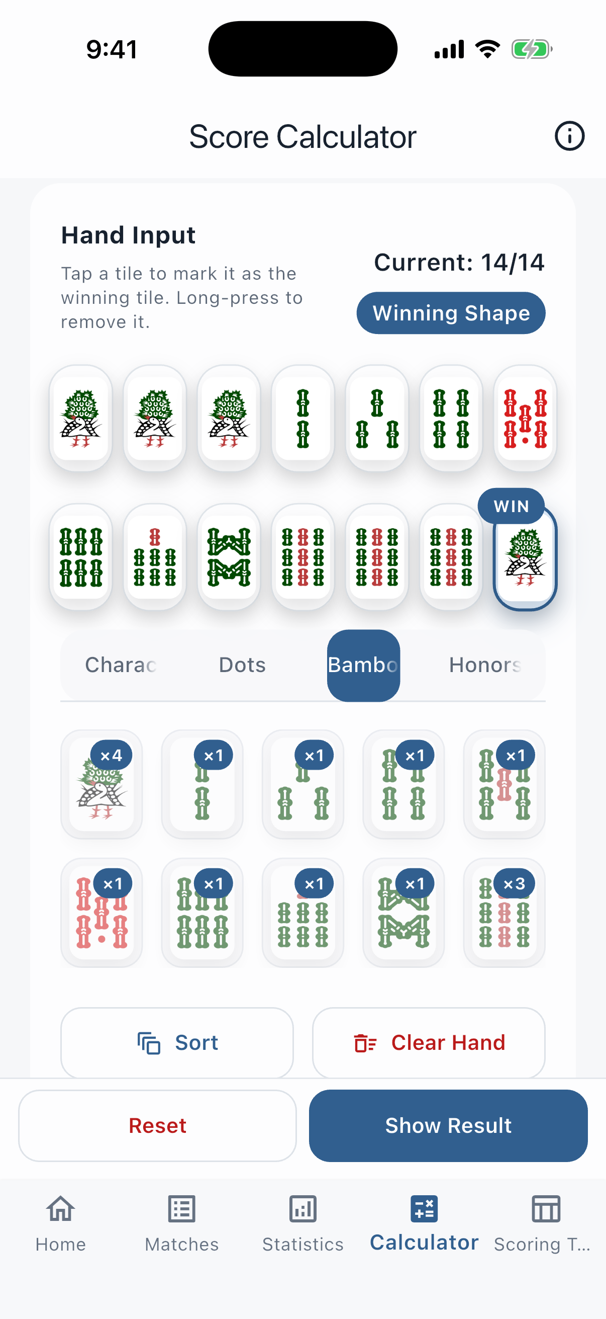 Kalkulator skor mahjong dengan input susunan tile