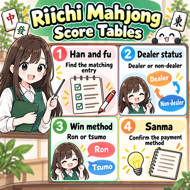 Illustrated overview of four-player and sanma scoring tables