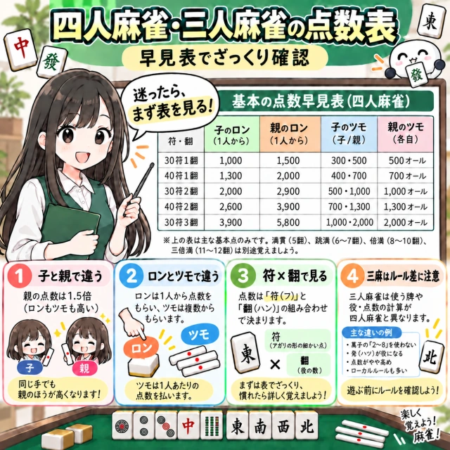 四人麻雀・三人麻雀の点数表の図解