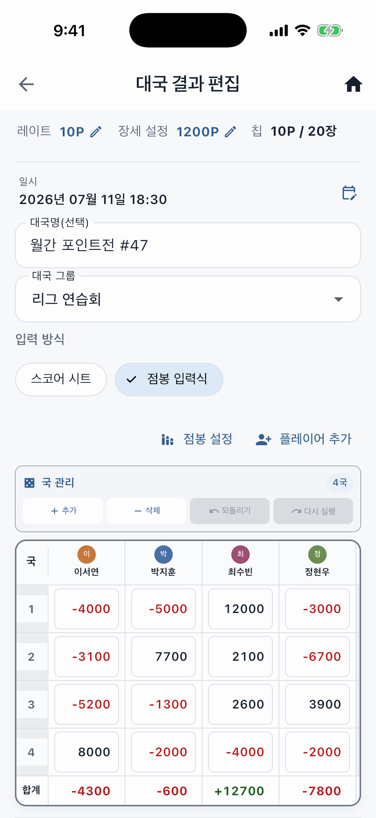 표 형식으로 각 국의 점봉을 입력하는 대국 결과 화면