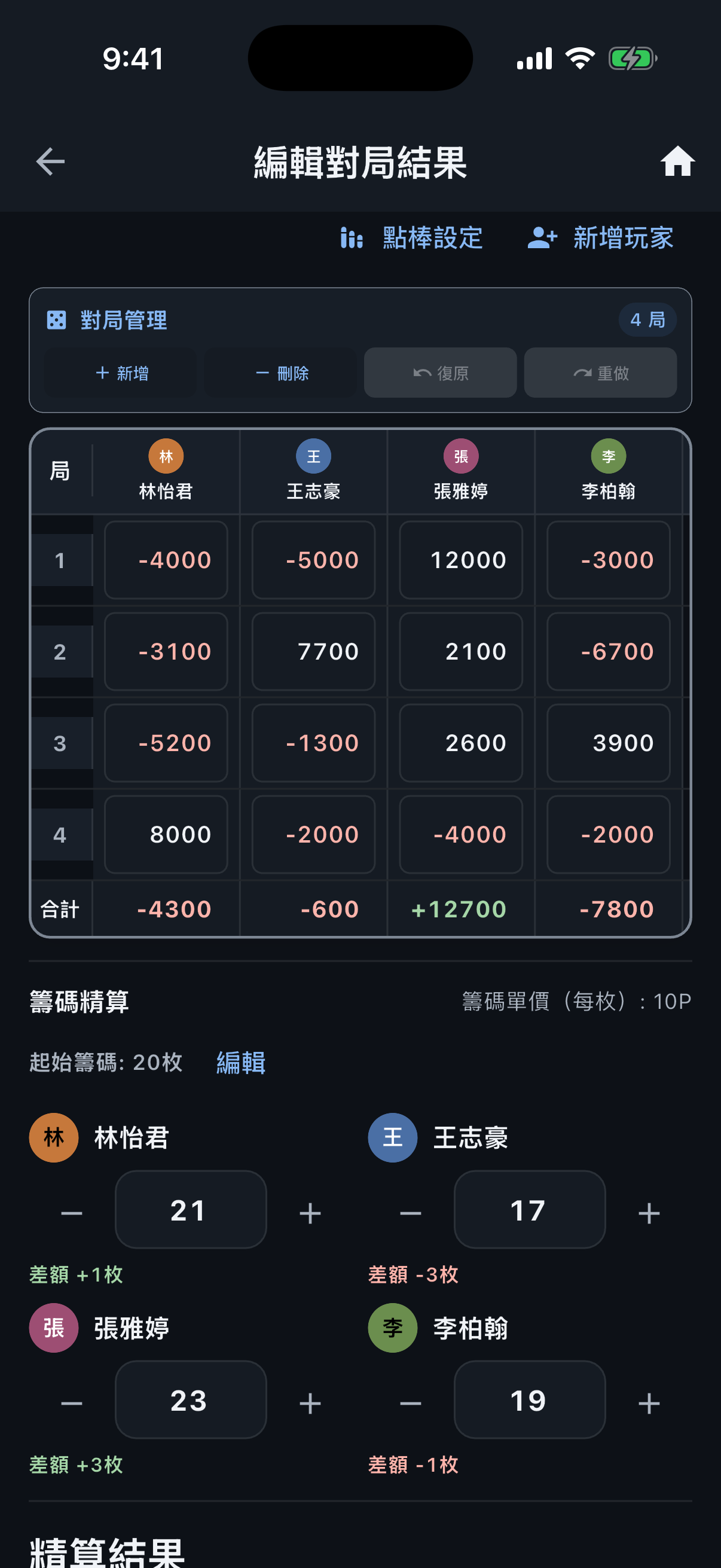 顯示點棒與籌碼精算的對局結果編輯畫面